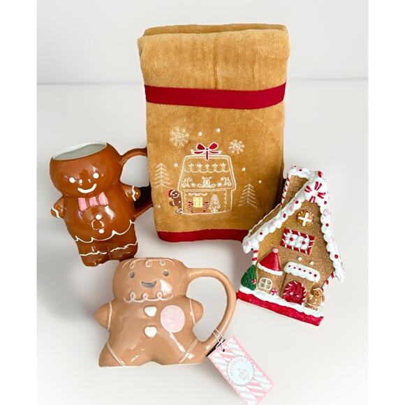 NWT Peppermint& Pine Gingerbread Man Cookie House XMAS Gift Set Hand Towels Mugs - Picture 4 of 16